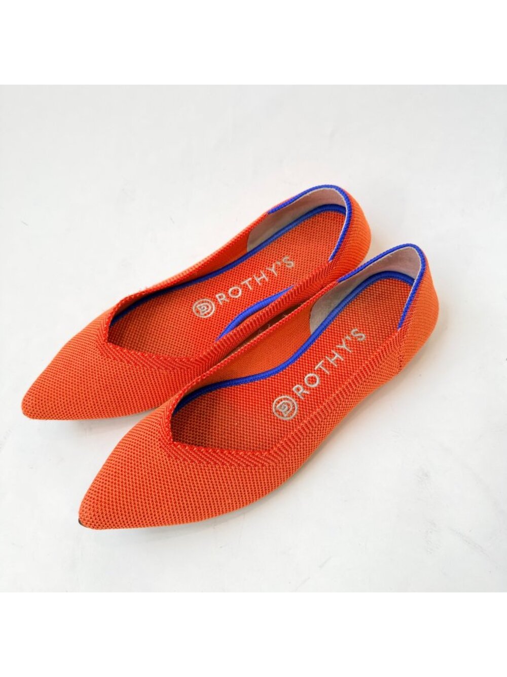 Rothy's Women's Pointed Toe Flats Size 7 Orange Blue Trim Knit Slip On Shoes*